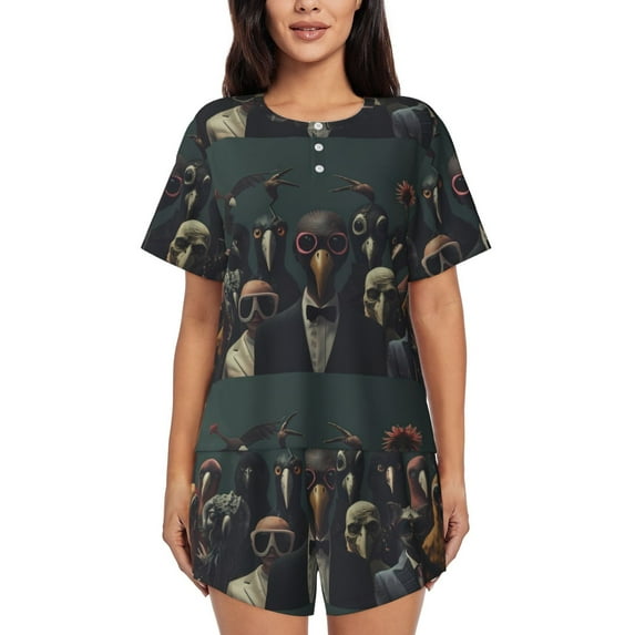 Susaid Stylish Avian Gathering Print Women's Pajama Set, Button-Up Sleepwear with Elastic Waist Shorts, Perfect for Lounging, Yoga, Beach, and Casual Wear-Medium