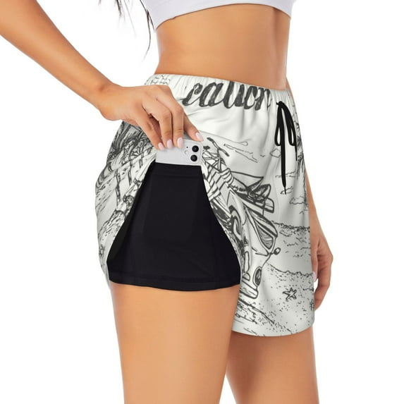 Susaid Summer Vacation Scene With Camping Van Print Women's High Waisted Running Shorts Quick Dry Athletic Gym Track Workout Shorts Zip Pocket-Medium