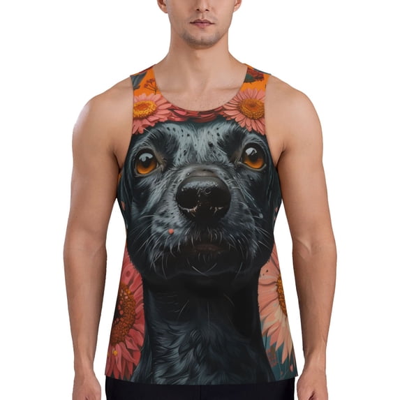 Susaid Sunflower Black Dog Print Men's Sleeveless Workout Running Tank Top Dry Fit Athletic Gym Sports Swim Beach Muscle Bodybuilding Shirts-3X-Large
