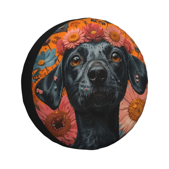 Susaid Sunflower Black Dog Print Tire Covers,Waterproof Anti-UV Snow Sun Rain Tire Covers for RV,Truck, SUV, Trailer, Camper-14 inch