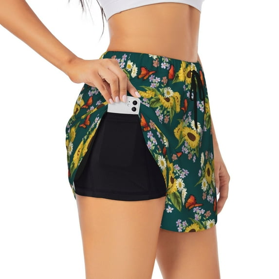 Susaid Sunflowers Print Women's High Waisted Running Shorts Quick Dry Athletic Gym Track Workout Shorts Zip Pocket-XX-Large