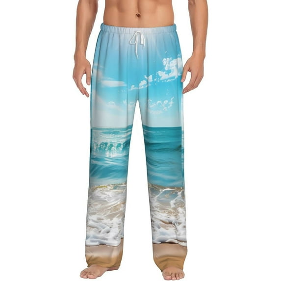 Susaid Sunny Ocean Waves Print Mens Pajama Pants Set Sleep & Lounge Pants, PJ Bottoms with Pockets and Button Fly-Large