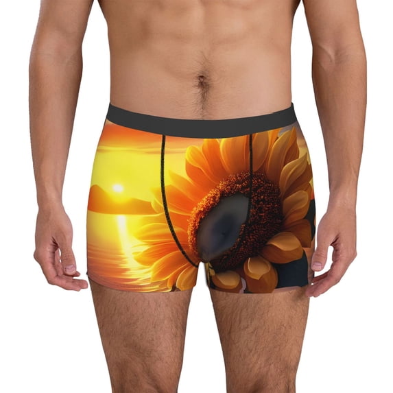 Susaid Sunset Coast Sunflower Print Men's Mesh Boxer Briefs Cooling Breathable Sports Underwear Wide Waistband Boxer Briefs W/Fly-XX-Large
