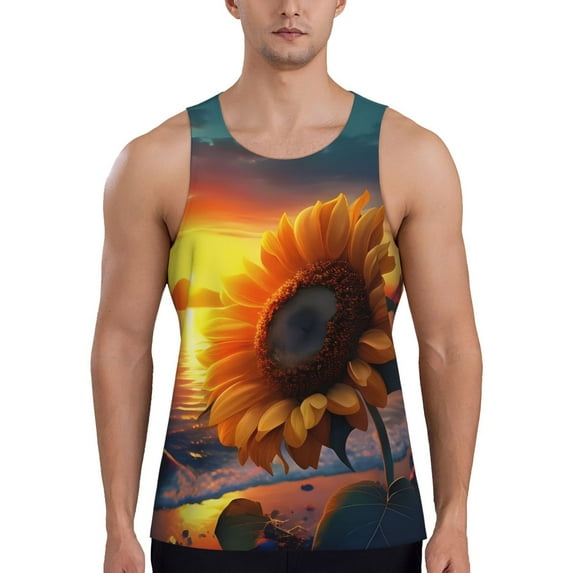 Susaid Sunset Coast Sunflower Print Men's Sleeveless Workout Running Tank Top Dry Fit Athletic Gym Sports Swim Beach Muscle Bodybuilding Shirts-X-Large