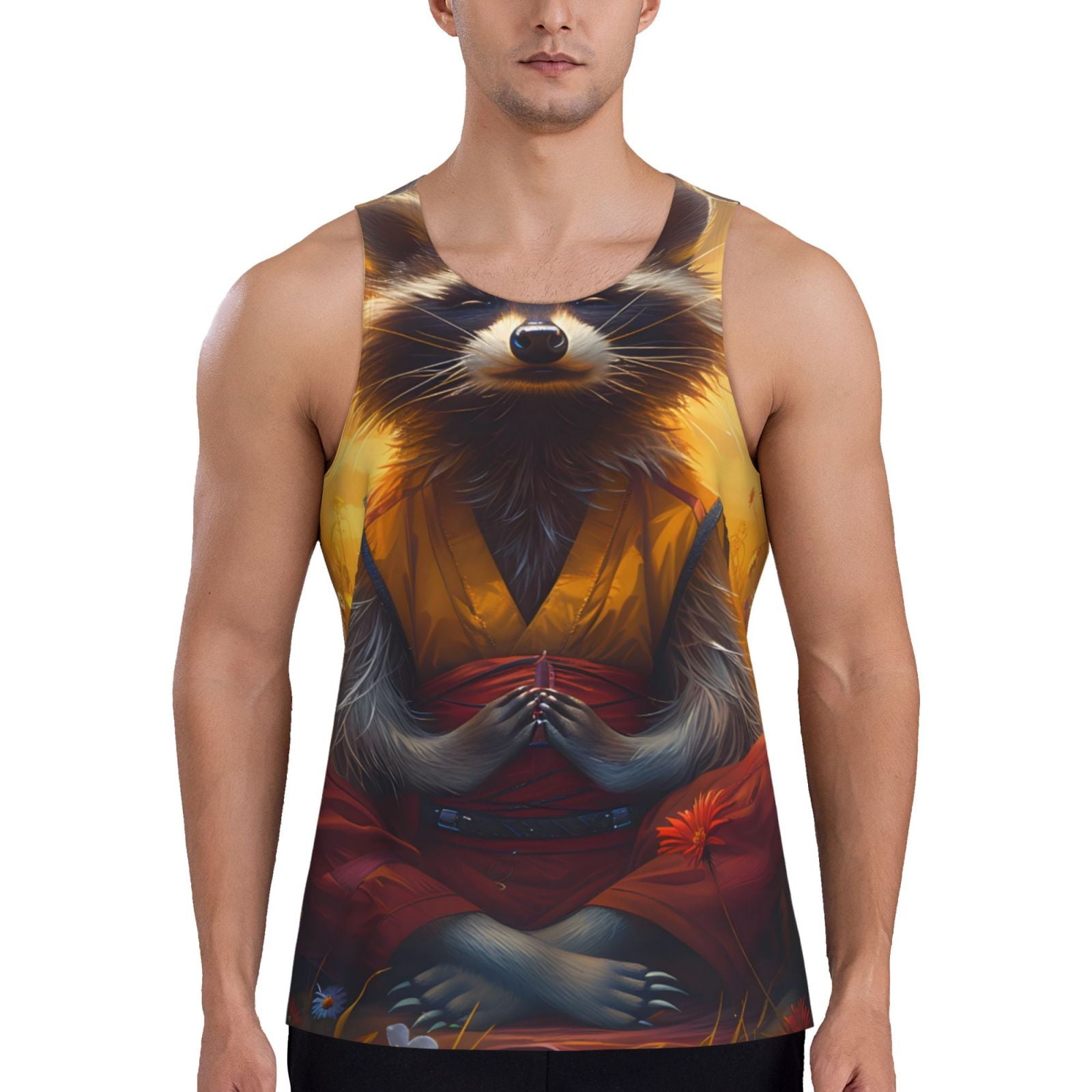 Susaid Sunset Flower Meditating Raccoon Print Men's Sleeveless Workout ...