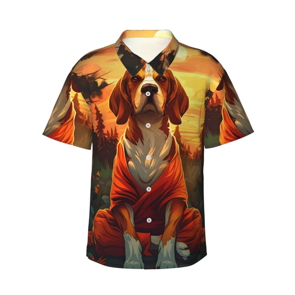 Susaid Sunset Meditating Dog Print Short Sleeve Shirts Button Down Casual Shirts Summer Beach Aloha Button Down Short Sleeve for Men ,X-Large