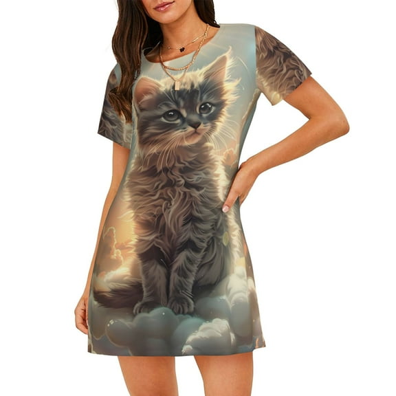 Susaid Sunshine Cloud Kitten Pattern Sleep Shirts for Women Short Sleeve Night Shirts for Sleeping Pullover Nightgown Soft Nightdress