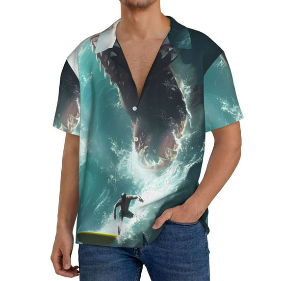 Susaid Surfing Shark Print Men's Polo Shirts Button Down Short Sleeve Casual Summer Beach Vintage Shirts for Men-Medium