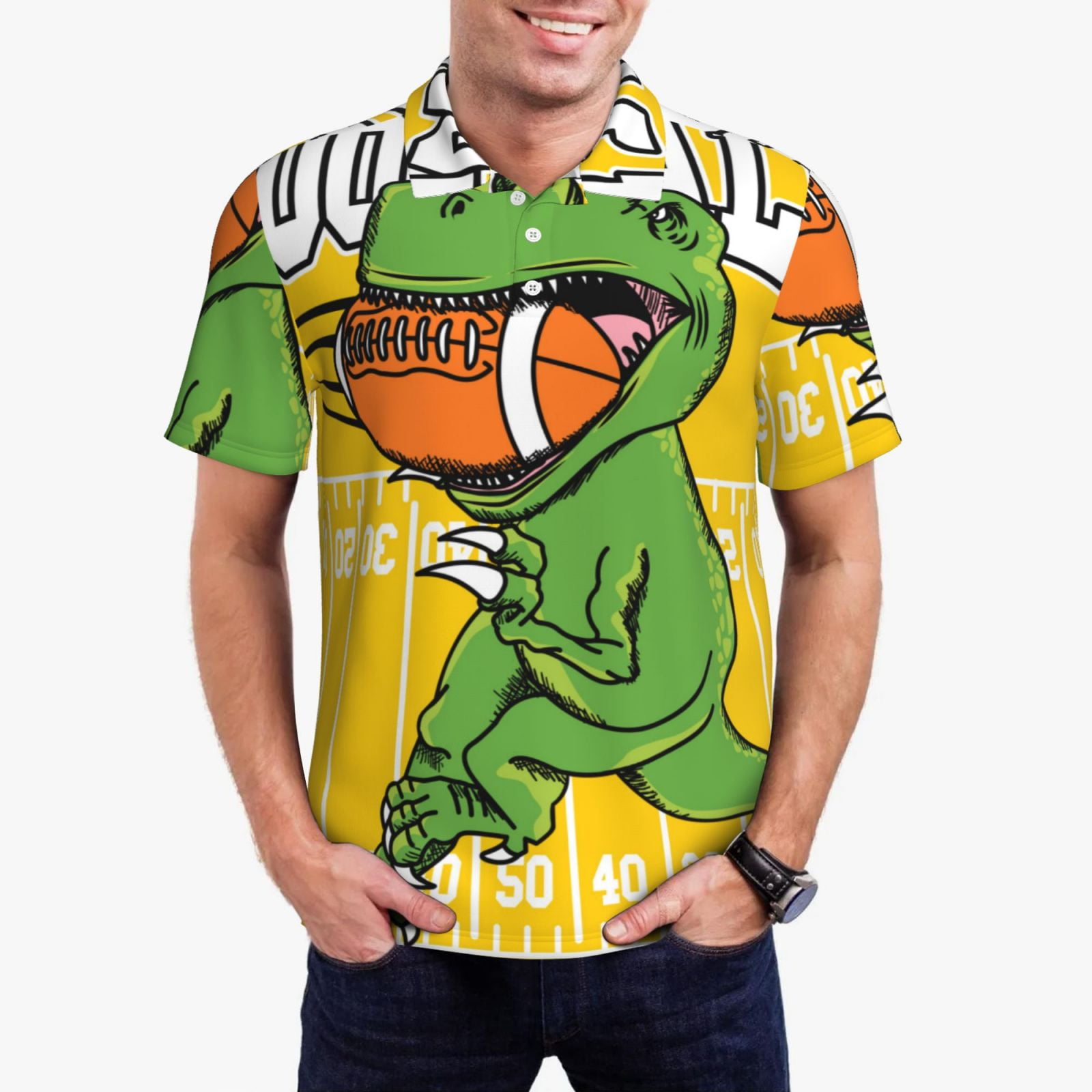 Susaid T-Rex Playing Football Print Men's Short Sleeve Polo Shirt, Golf ...