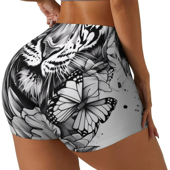 Susaid Tiger Butterfly Floral Art Print Intensify Workout Shorts for Women Seamless Scrunch Short Gym Yoga Running Sport Active Exercise Fitness Shorts-X-Large