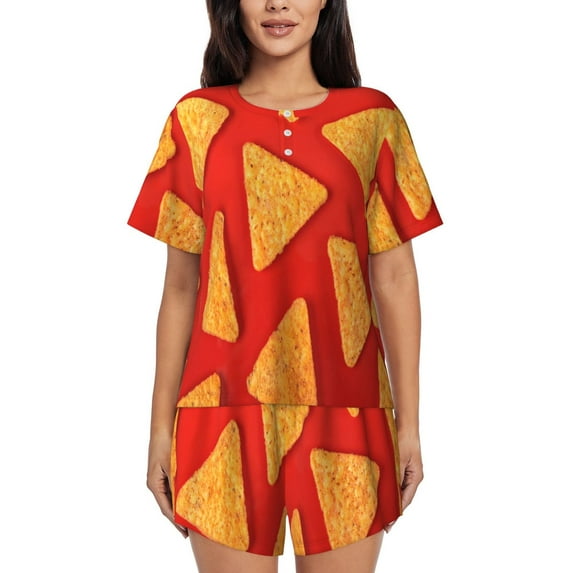 Susaid Tortilla chips Print Women's Pajama Set, Button-Up Sleepwear with Elastic Waist Shorts, Perfect for Lounging, Yoga, Beach, and Casual Wear-3X-Large