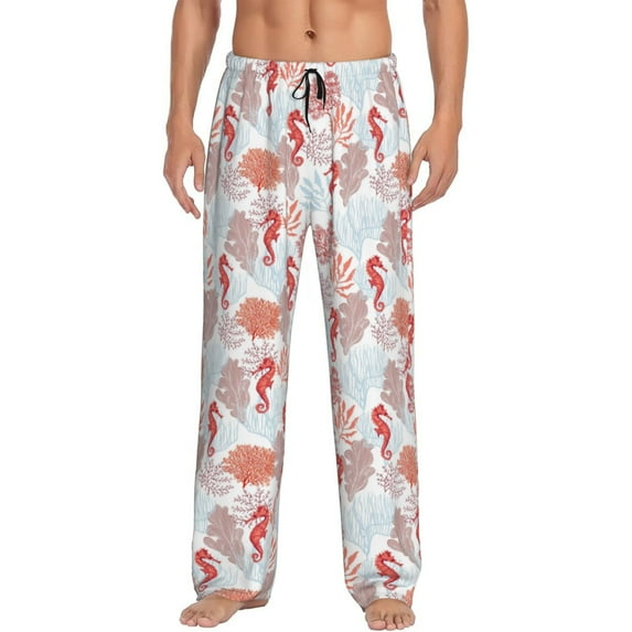 Susaid Tropical Corals Seahorse Print Mens Pajama Pants Set Sleep & Lounge Pants, PJ Bottoms with Pockets and Button Fly-Small