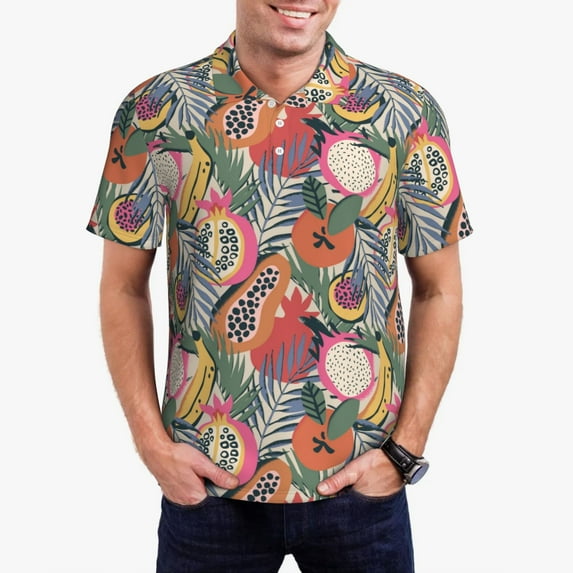 Susaid Tropical Fruit Print Men's Short Sleeve Polo Shirt, Golf Shirts for Men, Business Casual Polos-4X-Large