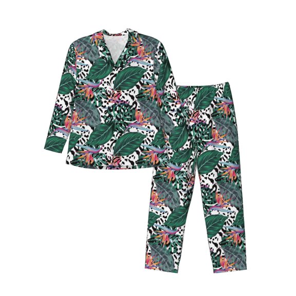 Susaid Tropical Leaves Print Men's Long Sleeve Pajama Set, Two-Piece Button-Down Loungewear PJs Set, Comfortable Sleepwear for Relaxation-Medium