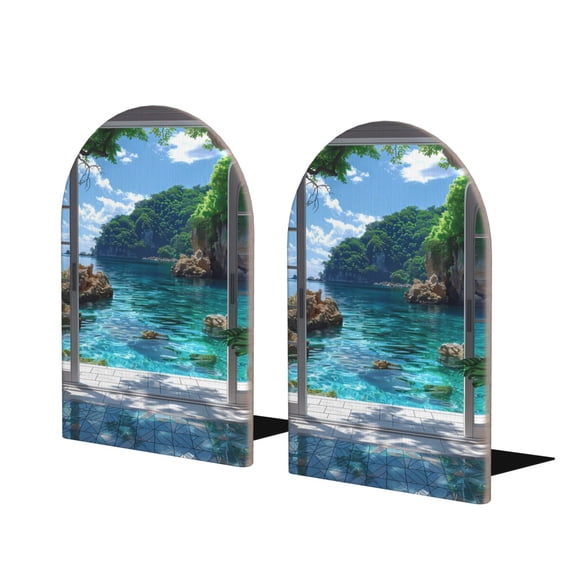 Susaid Tropical Paradise Window View Print Wooden Bookends Decorative Book Ends for Shelves Heavy Books Holder Organizer Non-Slip Desk Book End for Kids Room Office School 1 Pairs