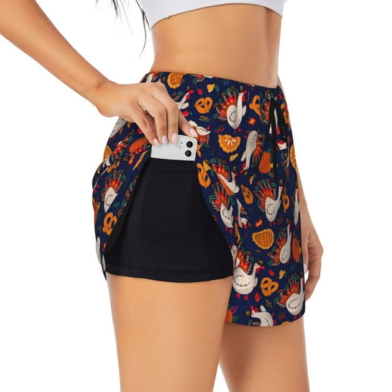 Susaid Turkey And Thanksgiving Print Women's High Waisted Running Shorts Quick Dry Athletic Gym Track Workout Shorts Zip Pocket-Medium