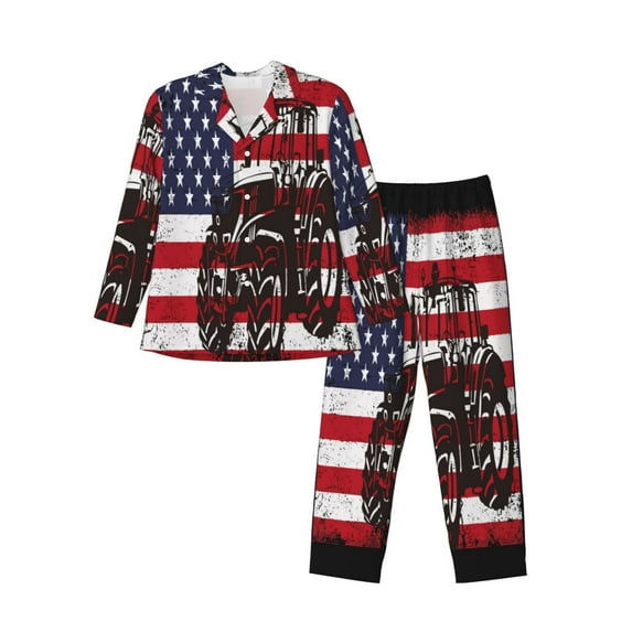Susaid USA Vintage Flag Tractor Print Pajamas Set Mens Pajamas Long Sleeve Loungewear Two-Piece Sleepwear Button-Down Pjs Set,2PJSLarge