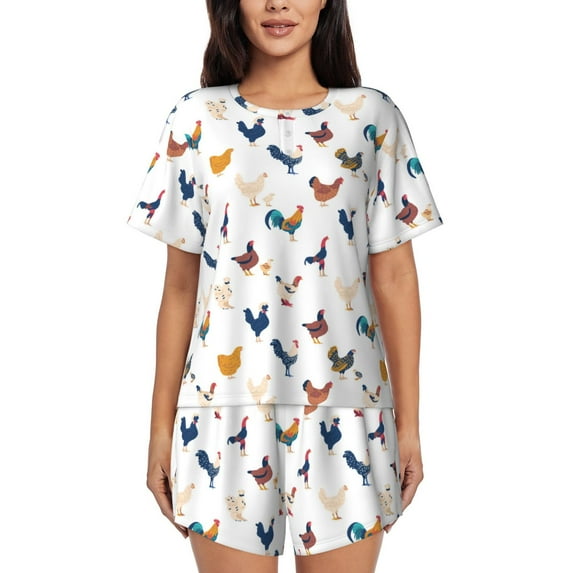 Susaid Various Rooster Print Women's Pajama Set, Button-Up Sleepwear with Elastic Waist Shorts, Perfect for Lounging, Yoga, Beach, and Casual Wear-X-Large