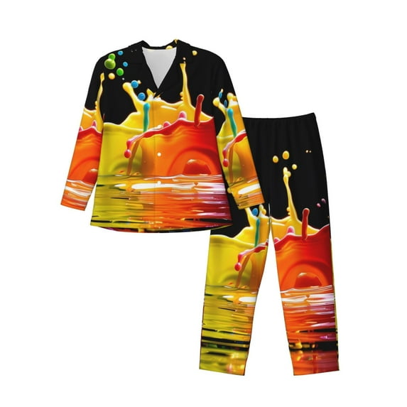 Susaid Vibrant Color Splash Print Men's Long Sleeve Pajama Set, Two-Piece Button-Down Loungewear PJs Set, Comfortable Sleepwear for Relaxation-X-Large