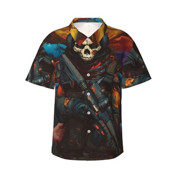 Susaid Vibrant Skull Soldier Print Short Sleeve Shirts Button Down Casual Shirts Summer Beach Aloha Button Down Short Sleeve for Men ,Small