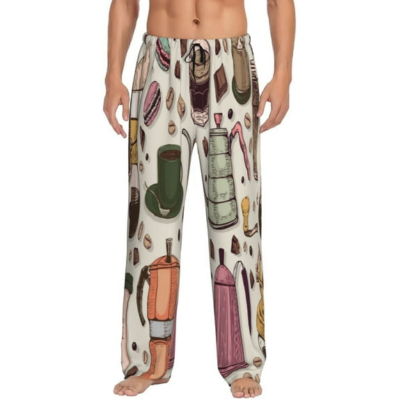 Susaid Vintage Coffee Print Mens Pajama Pants Set Sleep & Lounge Pants, PJ Bottoms with Pockets and Button Fly-3X-Large