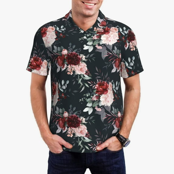 Susaid Watercolor Floral Print Men's Short Sleeve Polo Shirt, Golf Shirts for Men, Business Casual Polos-Large
