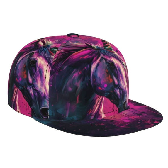 Susaid Watercolor Painting White Horse Print Baseball Cap Hip Hop Style Flat Visor Adjustable Outdoor Cap Unisex Adjustable Breathable