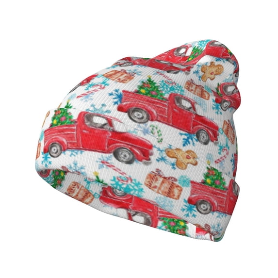 Susaid Watercolor Red Truck And Fir Tree Print Winter Beanie for Men Women, Lined Beanie Soft Warm Knit Hat Ski Cuffed Cap