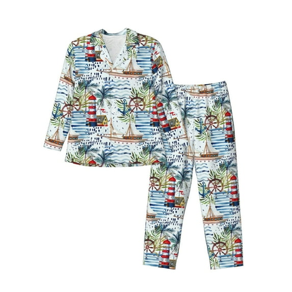 Susaid Watercolor Sailboat Print Men's Long Sleeve Pajama Set, Two-Piece Button-Down Loungewear PJs Set, Comfortable Sleepwear for Relaxation-XX-Large