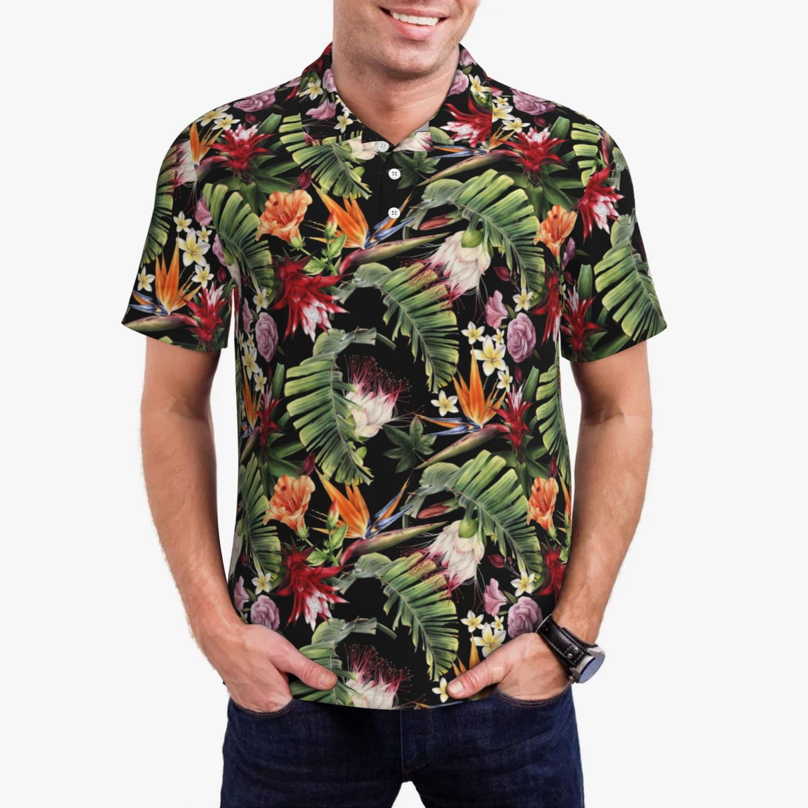 Cordyline Tropical Floral Print Men's Golf Shirts