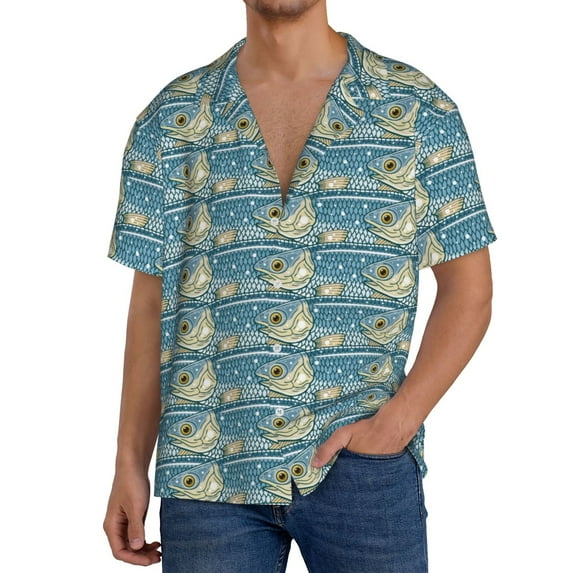 Susaid anchovy Print Men's Polo Shirts Button Down Short Sleeve Casual Summer Beach Vintage Shirts for Men-X-Large