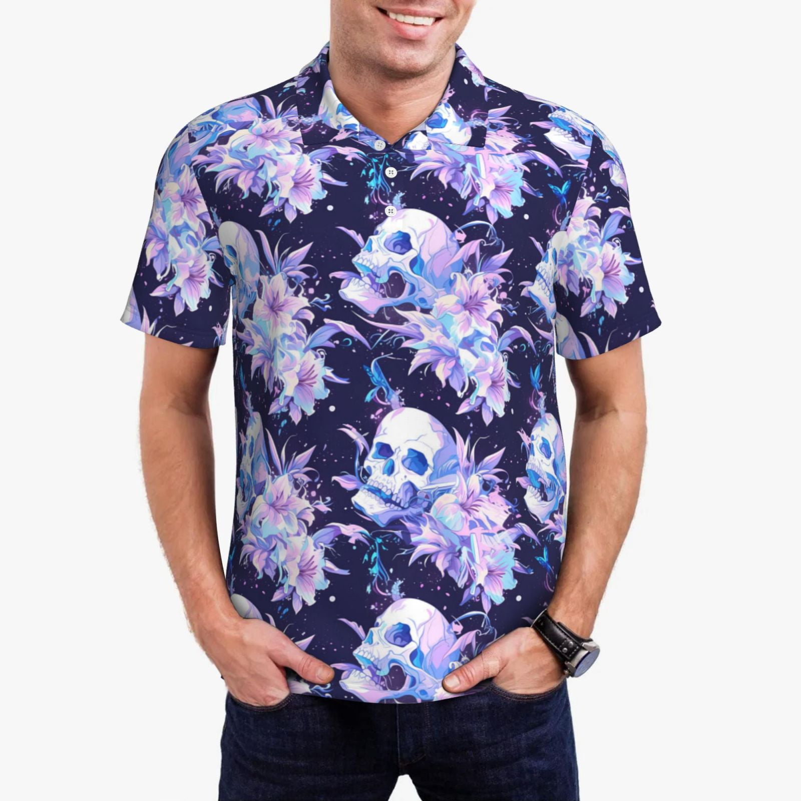 Pink Rose Flower Print Men's Golf Shirts