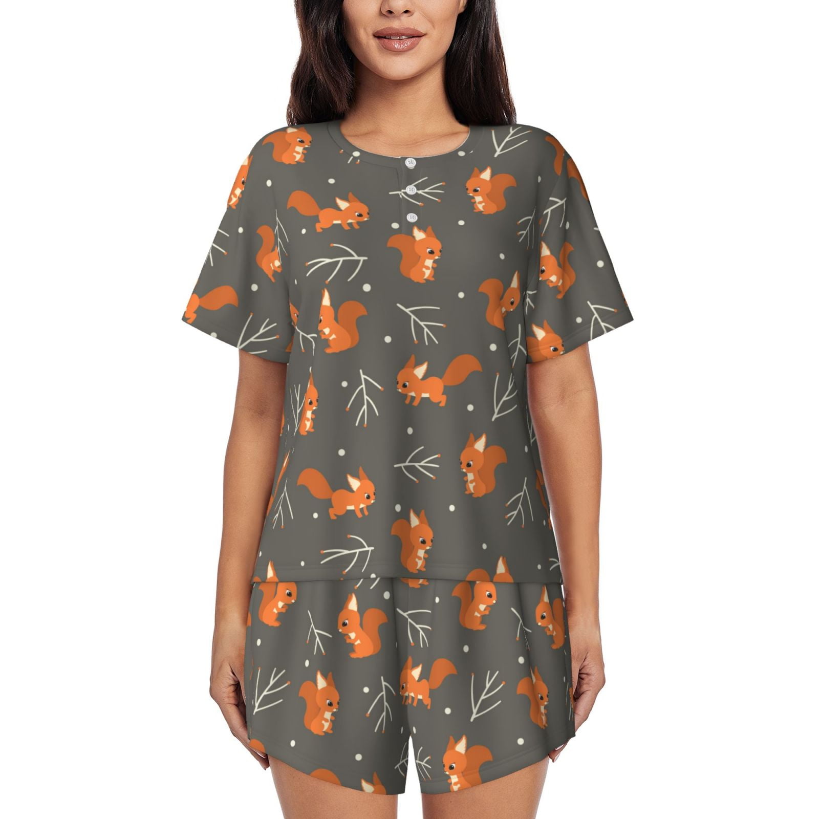 Susaid cute fall fox leaf Print Women's Pajama Set, Button-Up Sleepwear ...