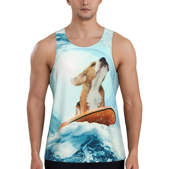 Susaid dog surfing on surfboard Print Men's Sleeveless Workout Running Tank Top Dry Fit Athletic Gym Sports Swim Beach Muscle Bodybuilding Shirts-4X-Large