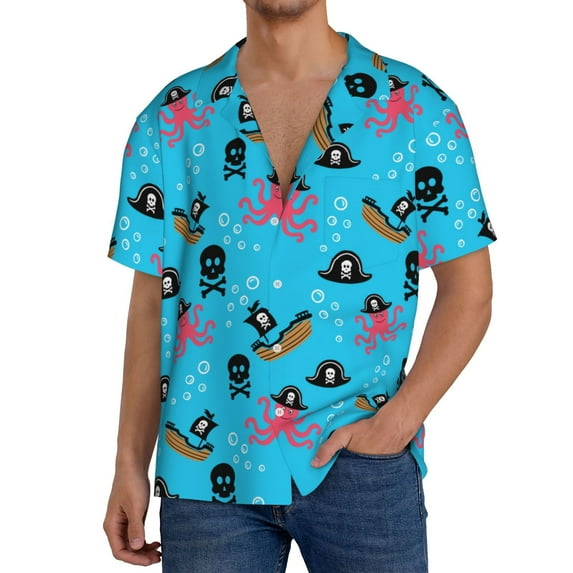 Susaid pirate Octopus Print Men's Polo Shirts Button Down Short Sleeve Casual Summer Beach Vintage Shirts for Men-XX-Large