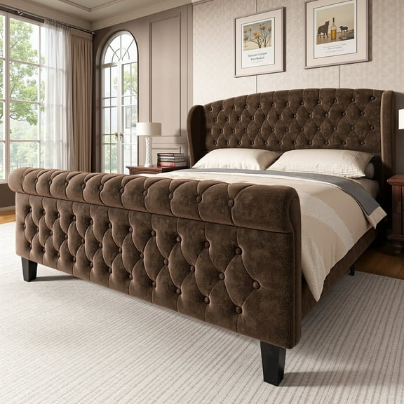 Sailvan Queen Size Sleigh Bed Frame Upholstered in Chenille with High Offset/Tufted Headboard and Footboard with Button Tufting, No Box Spring Needed
