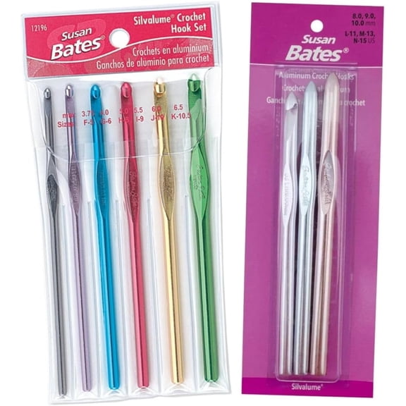 Susan Bates Silvalume Crochet Hook Sets in Pouch Sizes F, G, H, I, J, K, L, M, N