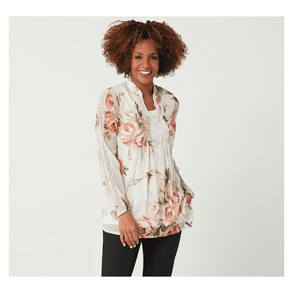 Susan Graver Printed Sheer Chiffon Tunic Set with Lace Trim, Cream, XS