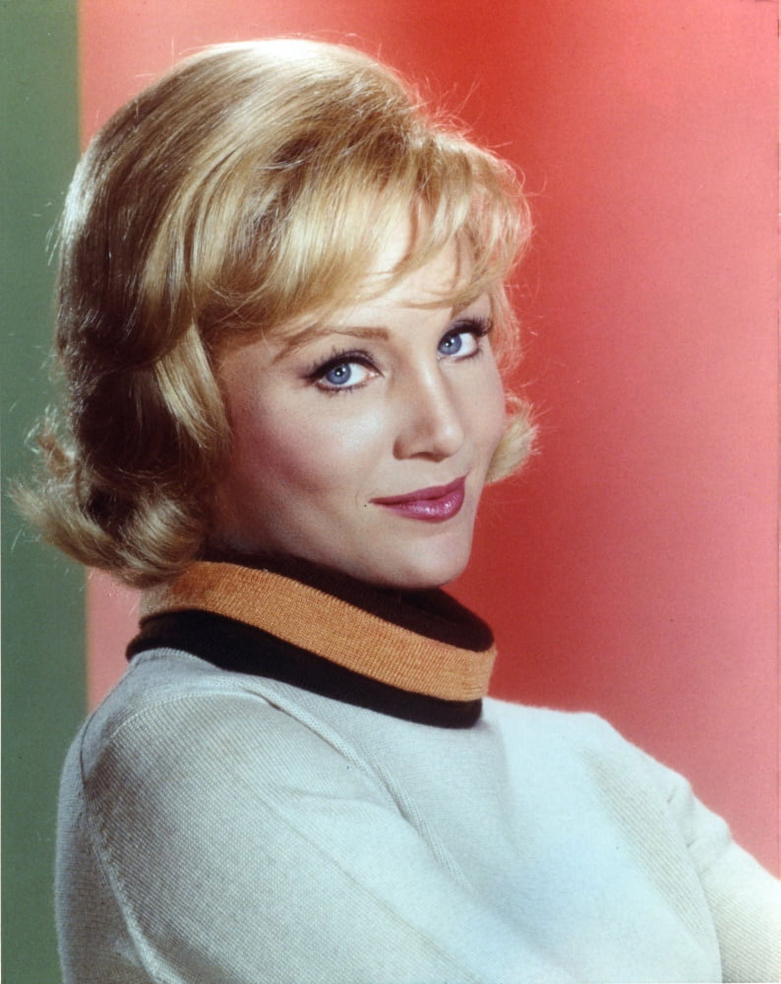Susan Oliver wearing a White Long Sleeve Blouse on Red Background Photo  Print (24 x 30), image size:1588x2000