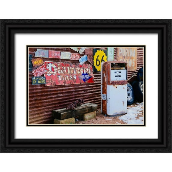 Susan Vizvary Photography 32x23 Black Ornate Wood Framed with Double Matting Museum Art Print Titled - Vintage Signs with Gas Pump