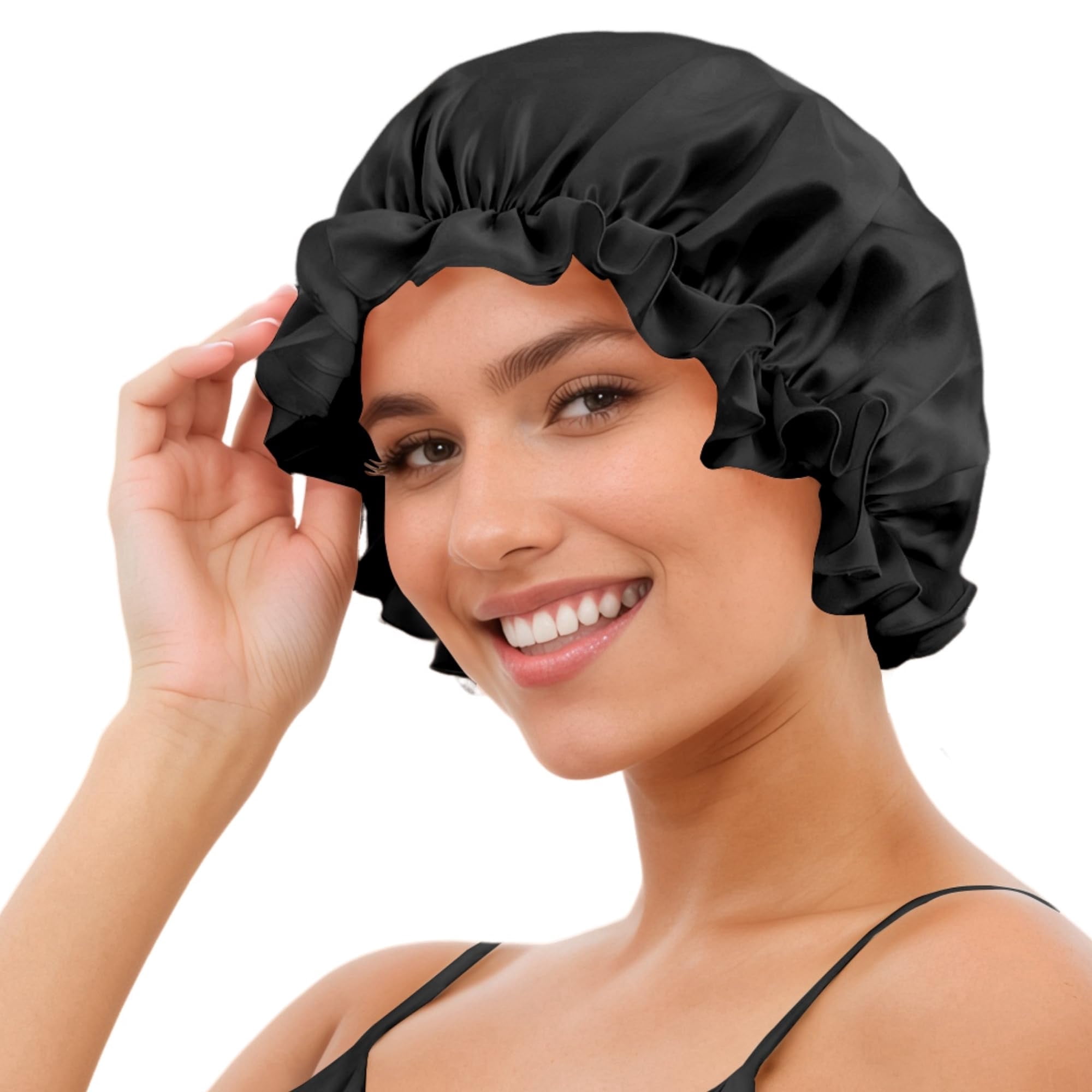 SusanSilk 19 Momme Premium Mulberry Silk Shower Cap with Garnet Flower Design and Adjustable Elastic