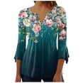 thumbnail image 1 of Susanny 3/4 Sleeve Tops for Women Pleated Floral Women Compression Shirt Flare Elbow Flowy Womens Blouses Clearance Button Down Women Plus Tunic Shirts Green L, 1 of 3