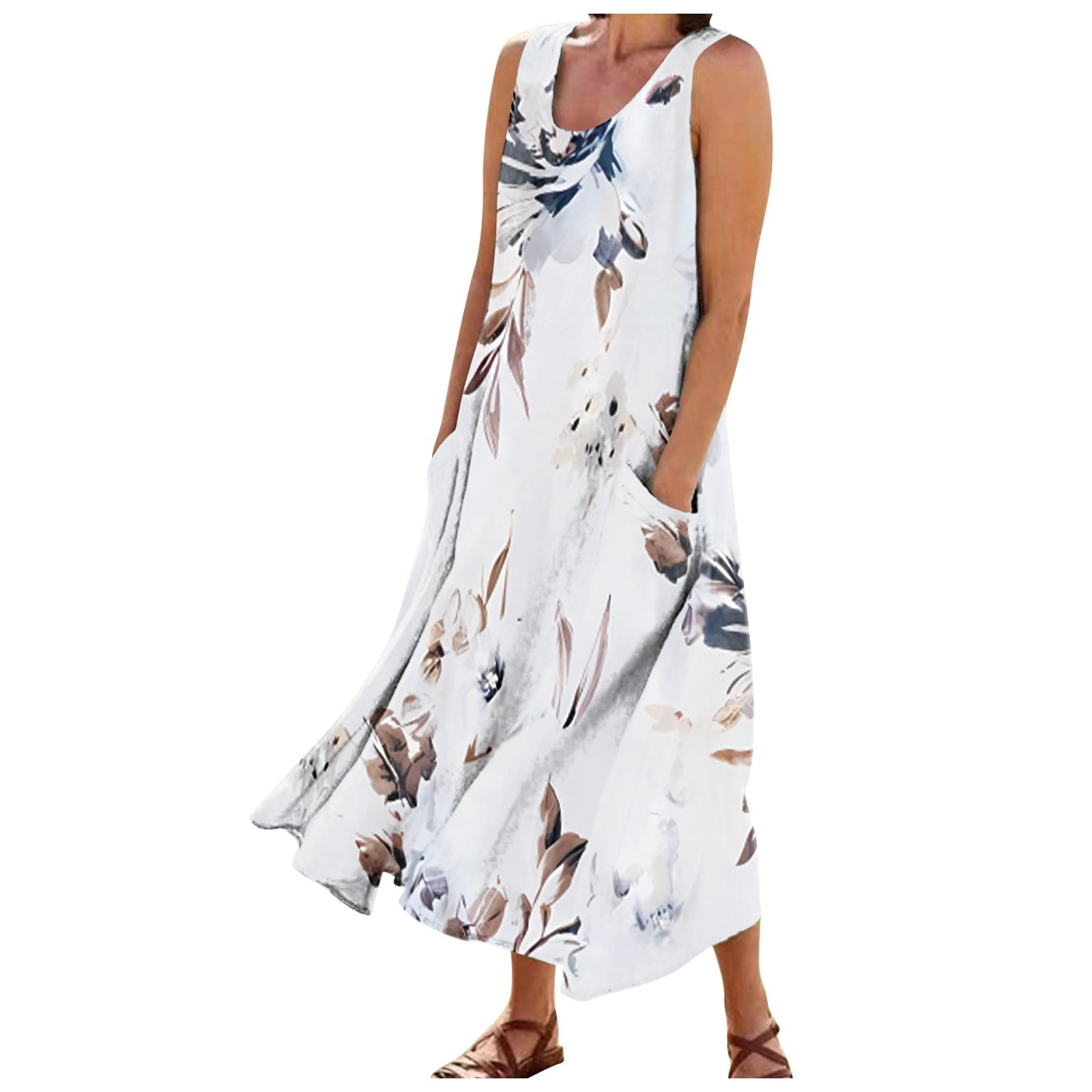 Susanny Casual Summer Dresses for Women with Pockets Floral Cotton Linen  Boho Maxi Dress Plus Size Flowy Tank Long Dresses Boho Sleeveless  Sundresses Over 50 Beige XL - Walmart.com