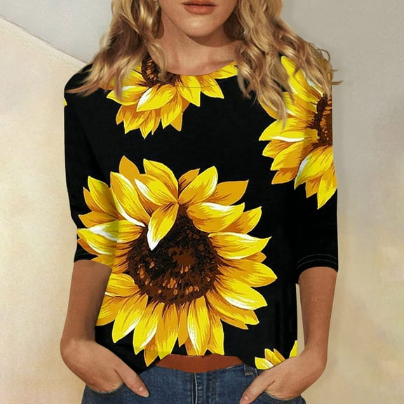 Susanny Casual Tops for Women Trendy Floral Elbow 3/4 Length Sleeve Oversized T Shirts Women Half Sleeve V Neck Womens Dress Shirts Work Blouses Women Saffron M