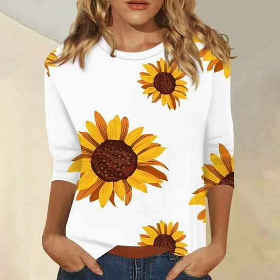 Susanny Casual Tops for Women Trendy Floral Elbow 3/4 Length Sleeve Oversized T Shirts Women Half Sleeve V Neck Womens Dress Shirts Work Blouses Women White S