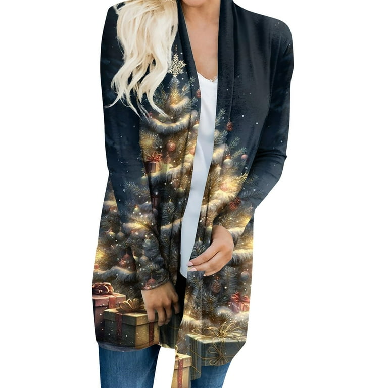 Susanny Christmas Cardigans for Teen Girls Christmas Tree Print Open Front Lightweight Long Sleeve Open Front Cardigan Thin Women Christmas Funny Dressy Holiday Pink Clothes for Women Navy S Walmart.c...