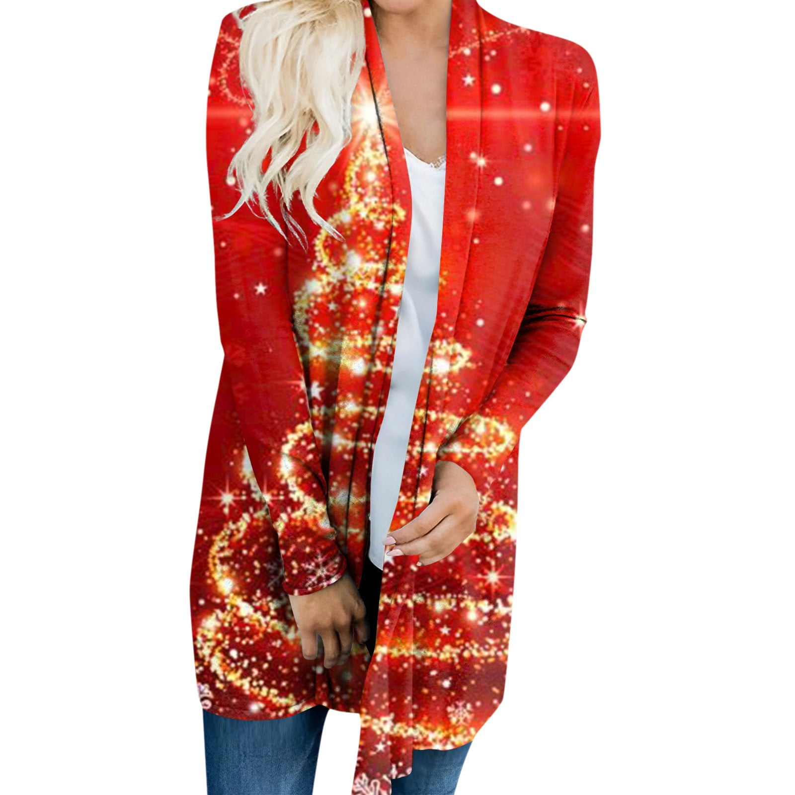 Susanny Christmas Plus Size Cardigan for Women Christmas Tree Print  Lightweight Long Sleeve Warm Christmas Cardigan for Women Open Front Y2k  Oversized Plus Size Work Clothes for Women Red 3XL
