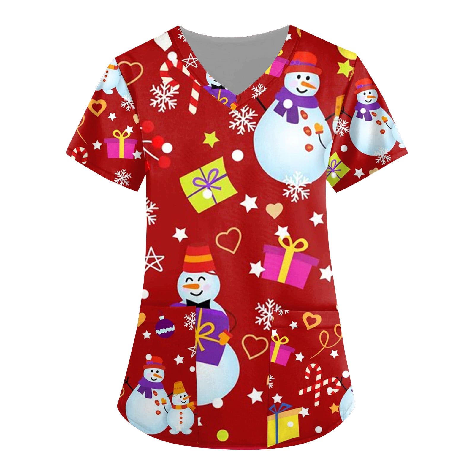 Susanny Christmas Scrub Shirts Women Xmas Snowman Print Nursing Short