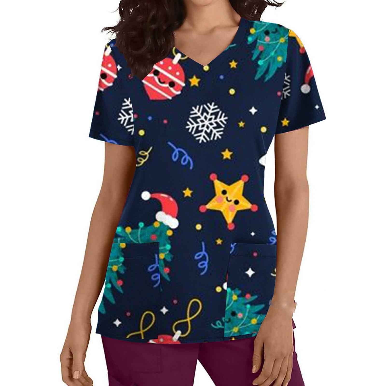 Susanny Christmas Scrubs for Women Plus Xmas Graphic Printed Nursing
