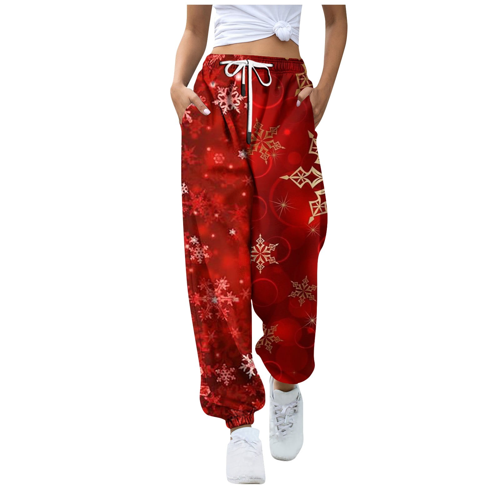 Susanny Christmas Sweat Pants Women Snowflake Funny Workout Holiday Jogger Pants High Waisted Plus Size Cotton Cross Sweatpants Wine M